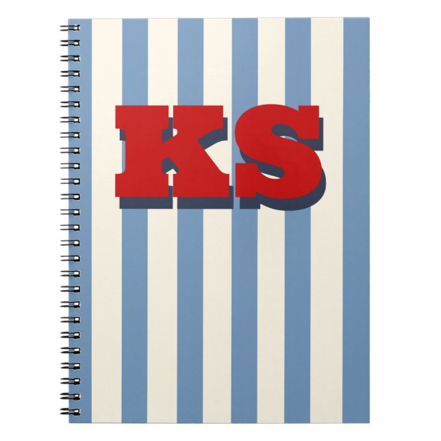 Personalised Monogram Blue Stripe, Custom Initials Notebook (Front)