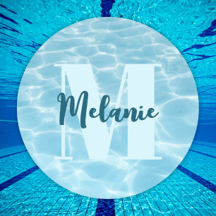 Personalised Monogram Blue Swimming Pool Modern Classic Round Sticker