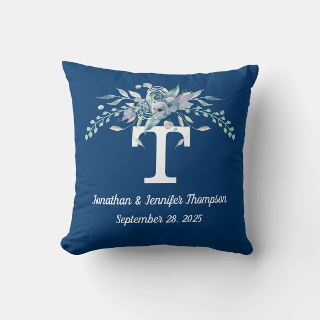 Personalised Monogram Blue Watercolor Flowers Cushion (Front)