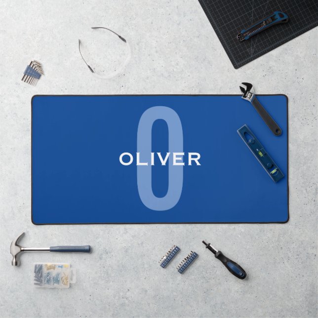 Personalised Monogram Blue White Name Desk Mat (Workstation)