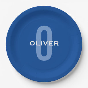 Personalised Monogram Blue White Name Paper Plate
