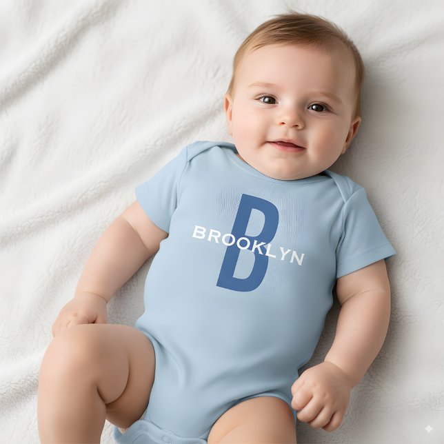 Personalised Monogram Boy Custom Name Blue White Baby Bodysuit (Creator Uploaded)