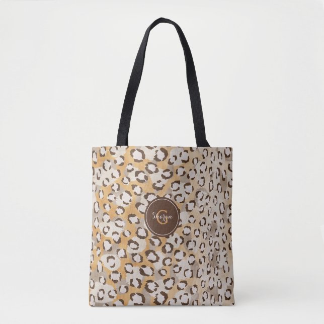 Personalised Monogram Cheetah Print Animal Pattern Tote Bag (Front)