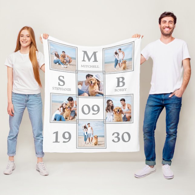 Personalised Monogram Couple Photo Collage Fleece Blanket (In Situ)