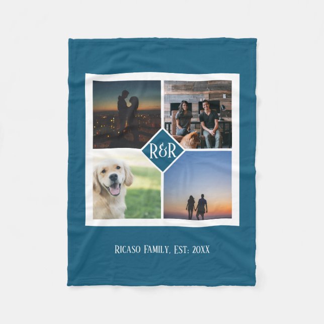 Personalised Monogram Custom 4 Photo Collage Fleece Blanket (Front)