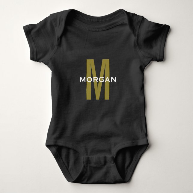 Personalised Monogram Custom Name Black Gold White Baby Bodysuit (Front)