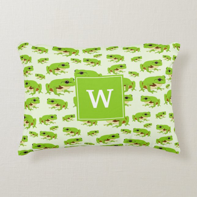 Personalised Monogram Cute Green Tree Frog Pattern Decorative Cushion (Front)