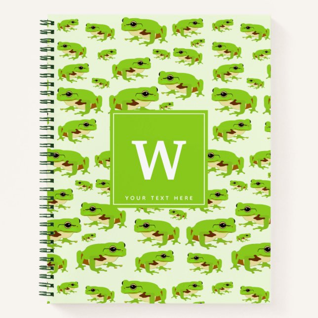 Personalised Monogram Cute Green Tree Frog Pattern Notebook (Front)