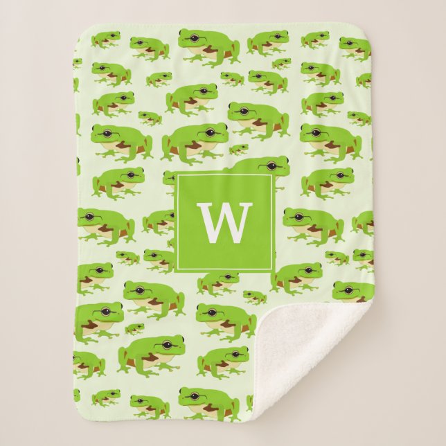 Personalised Monogram Cute Green Tree Frog Pattern Sherpa Blanket (Front)