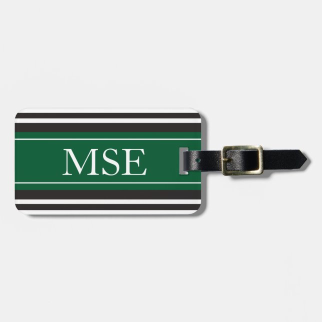 Personalised Monogram Dark Green Black Stripes Luggage Tag (Front Horizontal)