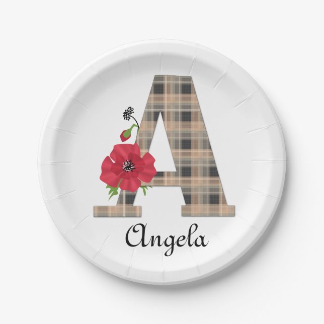 Personalised monogram editable A text red flower f Paper Plate (Front)