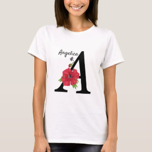 Personalised monogram editable A text red flower f T-Shirt
