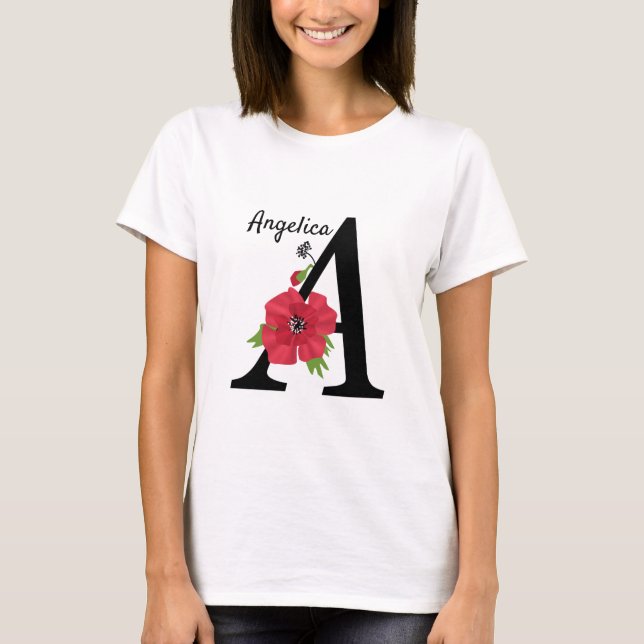 Personalised monogram editable A text red flower f T-Shirt (Front)