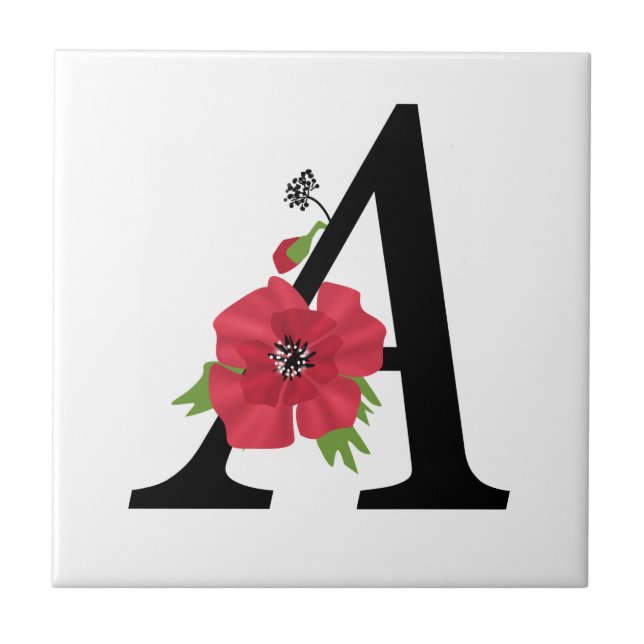 Personalised monogram editable A text red flower f Tile (Front)