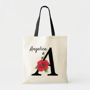 Personalised monogram editable A text red flower f Tote Bag