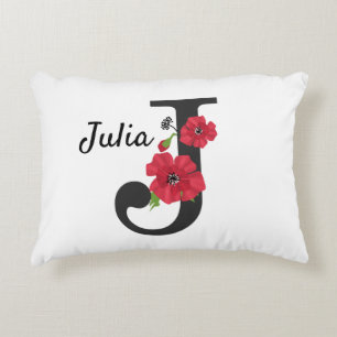 Personalised monogram editable J text red flower Decorative Cushion