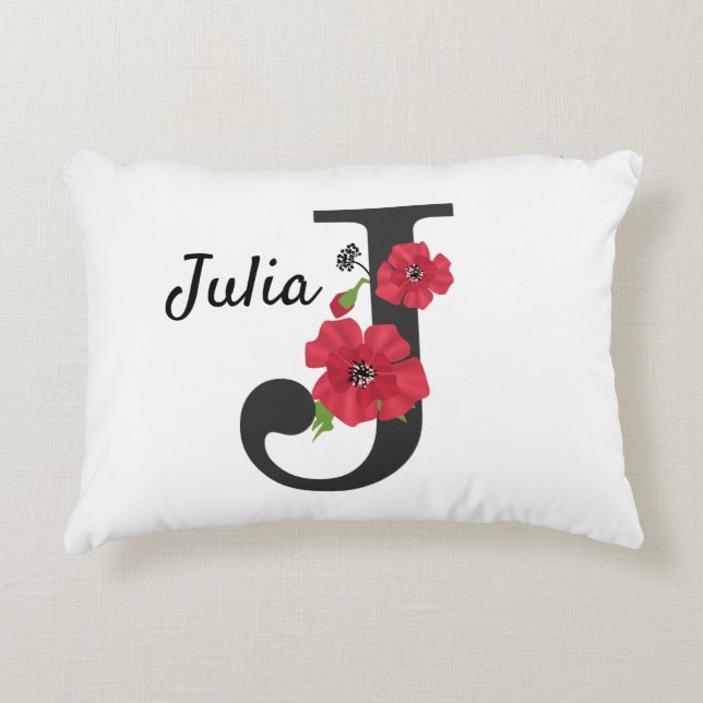 Personalised monogram editable J text red flower Decorative Cushion (Front)