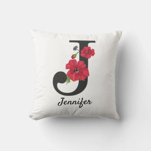 Personalised monogram editable J text red flower f Cushion