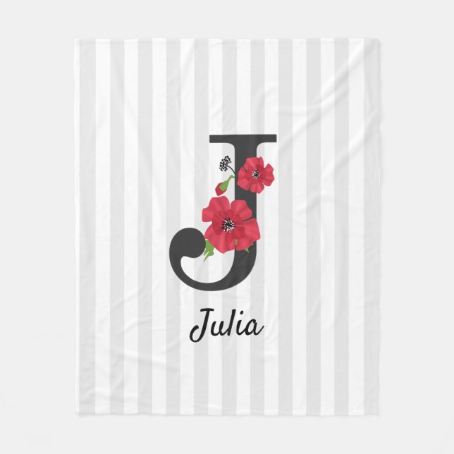 Personalised monogram editable J text red flower f Fleece Blanket (Front)