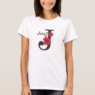 Personalised monogram editable J text red flower f T-Shirt