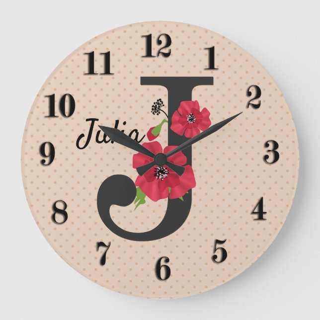 Personalised monogram editable J text red flower Large Clock (Front)