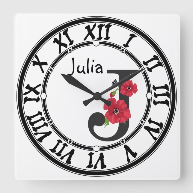 Personalised monogram editable J text red flower Square Wall Clock (Front)