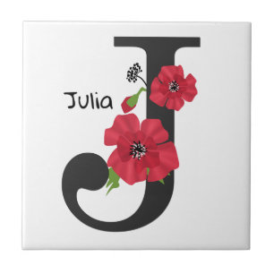 Personalised monogram editable J text red flower Tile