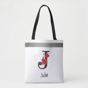 Personalised monogram editable j text red flower tote bag