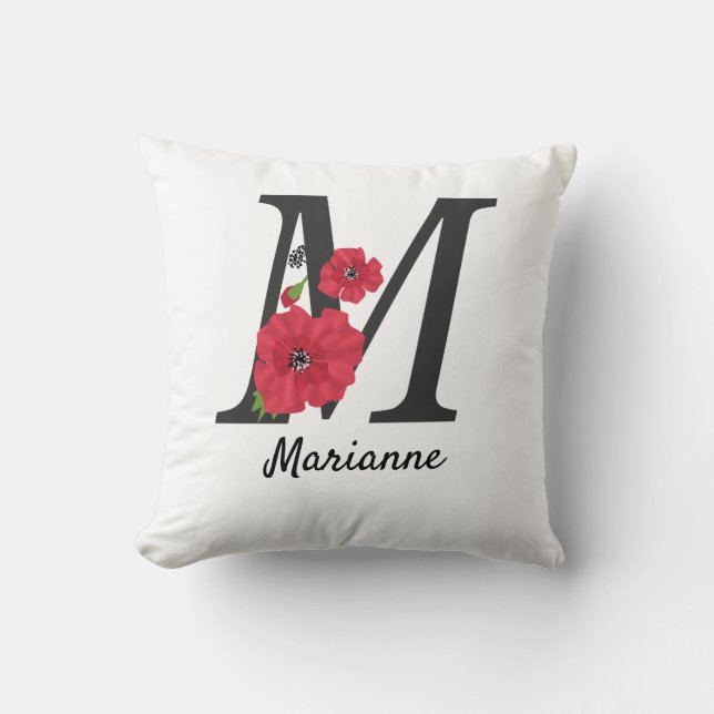 Personalised monogram editable M text red flower f Cushion (Front)