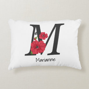 Personalised monogram editable M text red flower f Decorative Cushion