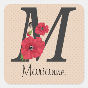 Personalised monogram editable M text red flower f Square Sticker