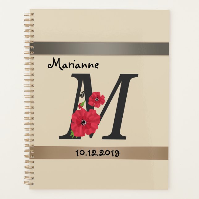 Personalised monogram editable M text red flower Planner (Front)