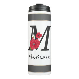 Personalised monogram editable M text red flower Thermal Tumbler