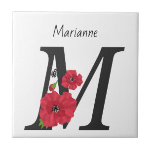 Personalised monogram editable M text red flower Tile