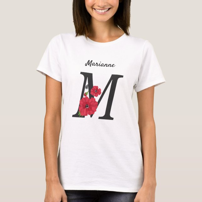 Personalised monogram editable text red flower flo T-Shirt (Front)