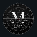 Personalised Monogram family Black white Modern Dartboard<br><div class="desc">Elevate your game nights and gatherings with this Black & White Minimalist Custom Monogram dart board, designed for both style and function. Featuring a sleek, modern black-and-white colour scheme and your personalised family name, monogram and established year, this table makes a statement while keeping the look clean and sophisticated. Great...</div>
