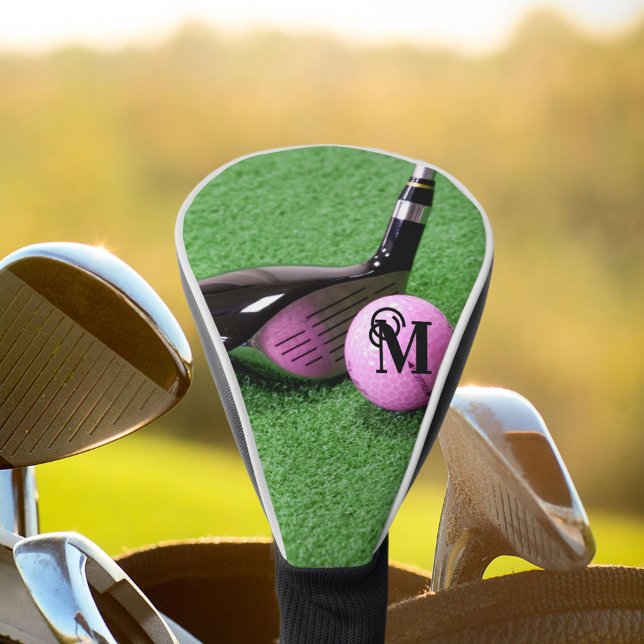 Personalised Monogram Fancy Script Pink Golf Ball Golf Head Cover (Creator Uploaded)