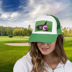 Personalised Monogram Fancy Script Pink Golf Ball Trucker Hat