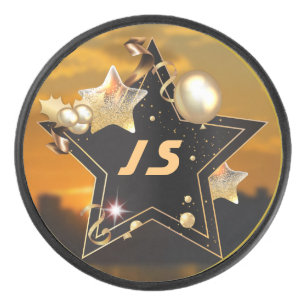  Personalised Monogram Gold Black Metallic Stars Hockey Puck