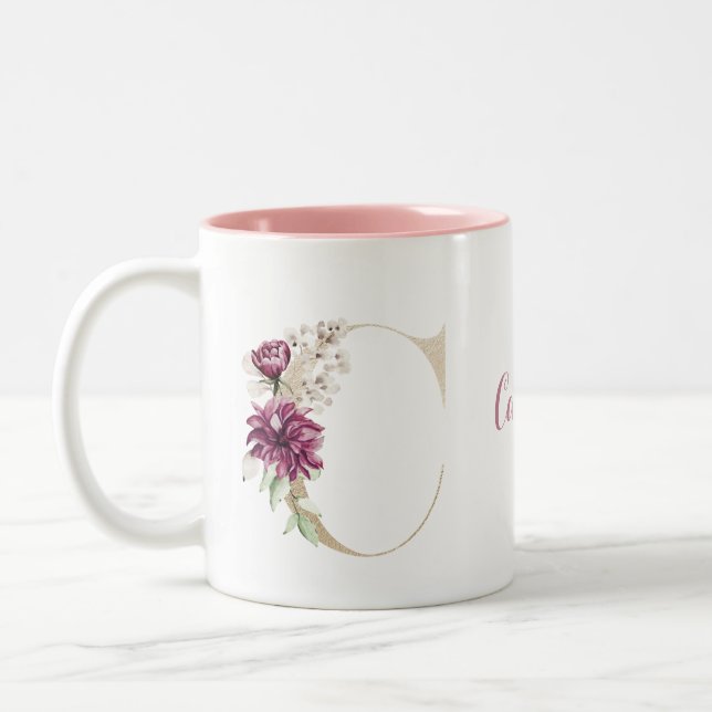 Personalised Monogram Gold Letter C Pink Floral  Two-Tone Coffee Mug (Left)
