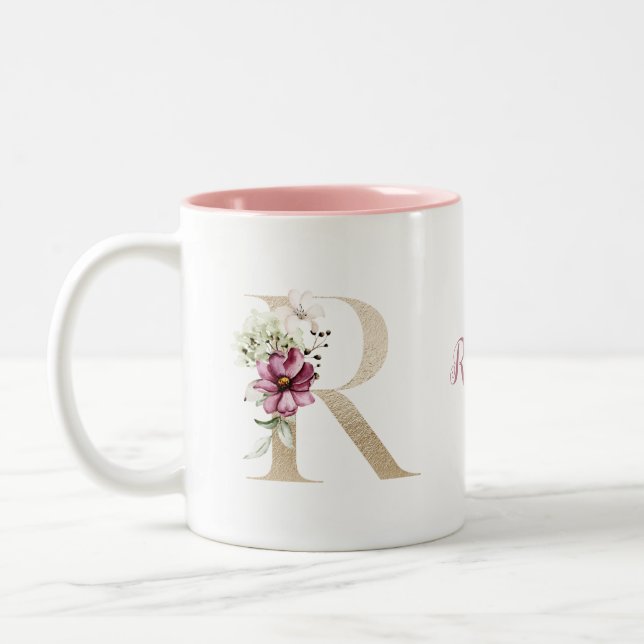 Personalised Monogram Gold Letter R Pink Floral  Two-Tone Coffee Mug (Left)