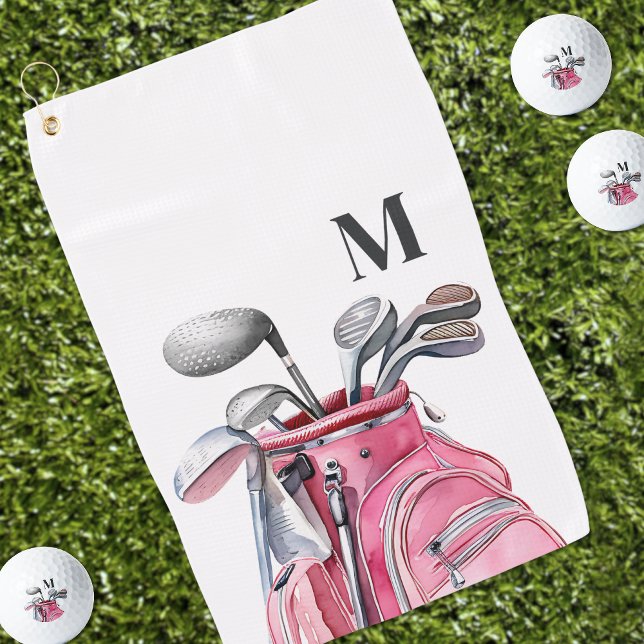 Personalised Monogram Golf Clubs Pink Towel (Pink Watercolor Initial Monogram Golf Towel)