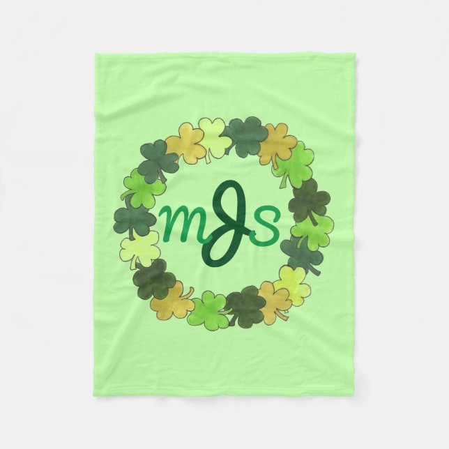 Personalised Monogram Green Irish Shamrock Wreath Fleece Blanket (Front)
