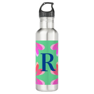 Personalised Monogram Green Pink Retro Floral 710 Ml Water Bottle
