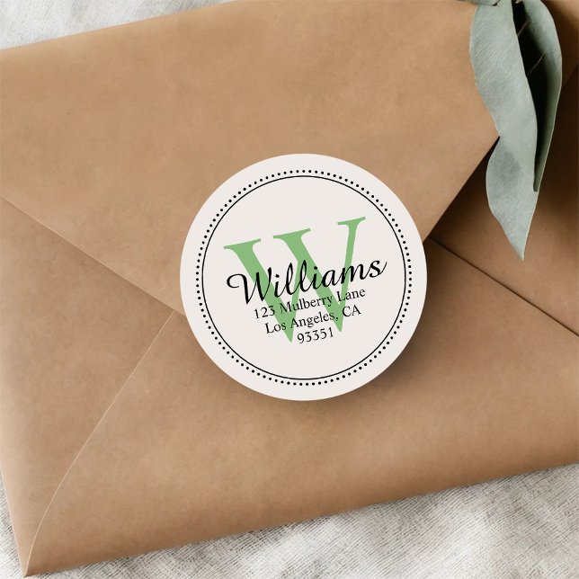 Personalised Monogram Green Return Address Classic Round Sticker (Creator Uploaded)