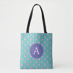 Personalised Monogram Heart Pattern Lilac and Teal Tote Bag