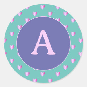 Personalised Monogram Heart Pattern Lilac Teal Classic Round Sticker