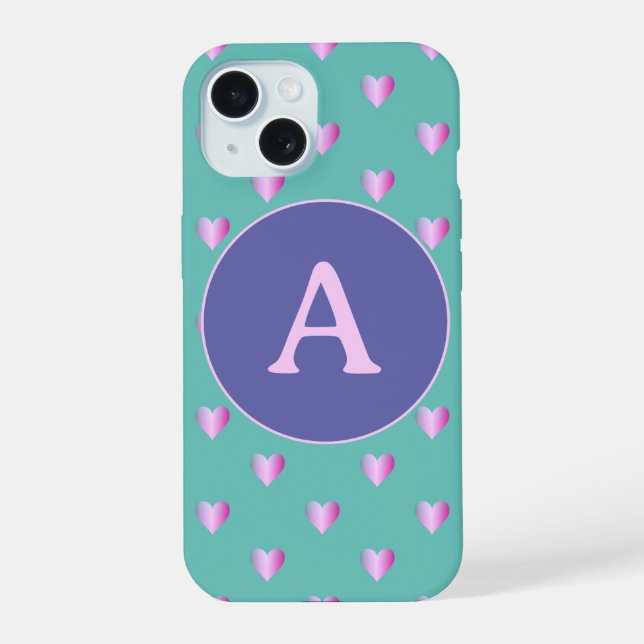 Personalised Monogram Heart Pattern Lilac Teal iPhone 15 Case (Back)