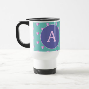 Personalised Monogram Hearts Lilac Teal Travel Mug