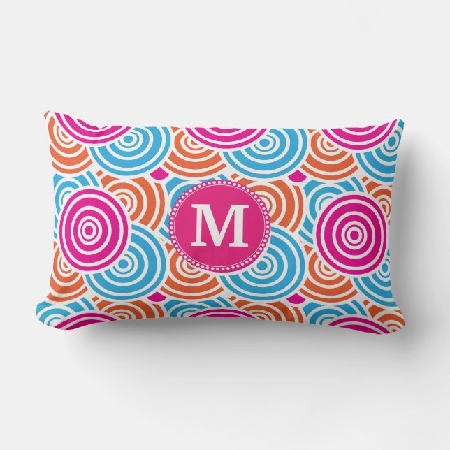 Personalised Monogram Hot Pink Teal Circles Lumbar Cushion (Front)